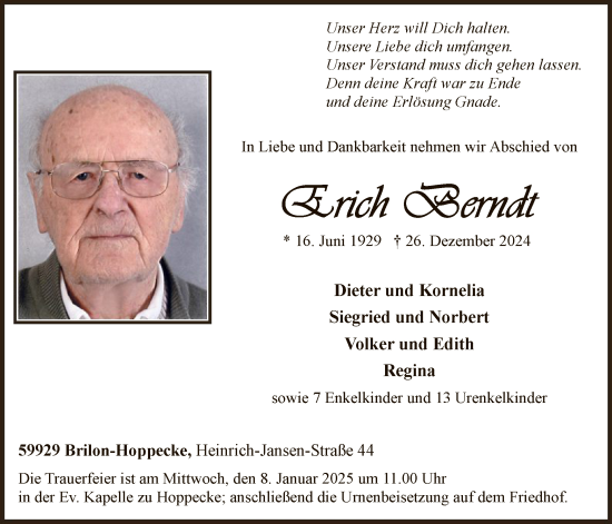 Todesanzeige von Erich Berndt von WA