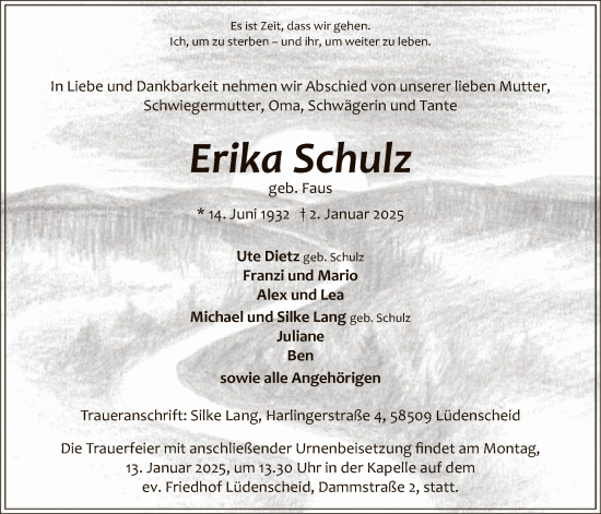 Todesanzeige von Erika Schulz von WA