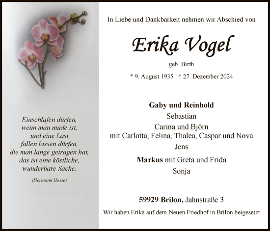 Todesanzeige von Erika Vogel von WA