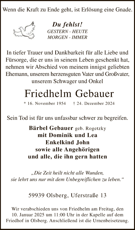 Todesanzeige von Friedhelm Gebauer von WA