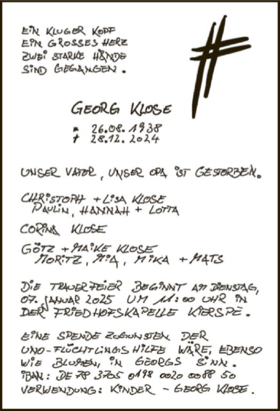 Todesanzeige von Georg Klose von WA