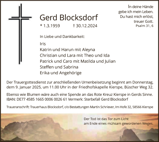 Todesanzeige von Gerd Blocksdorf von WA