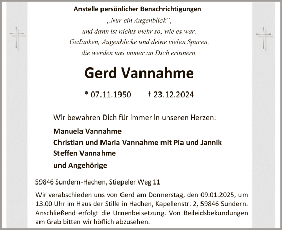 Todesanzeige von Gerd Vannahme von WA