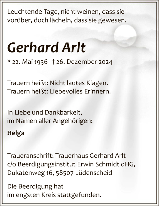 Todesanzeige von Gerhard Arlt von WA