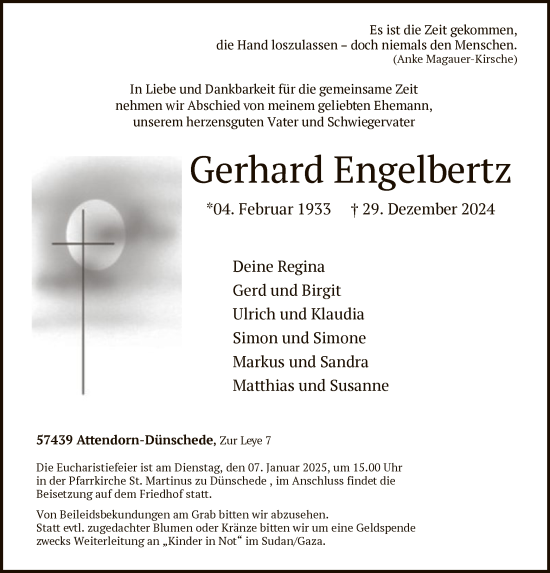 Todesanzeige von Gerhard Engelbertz von WA