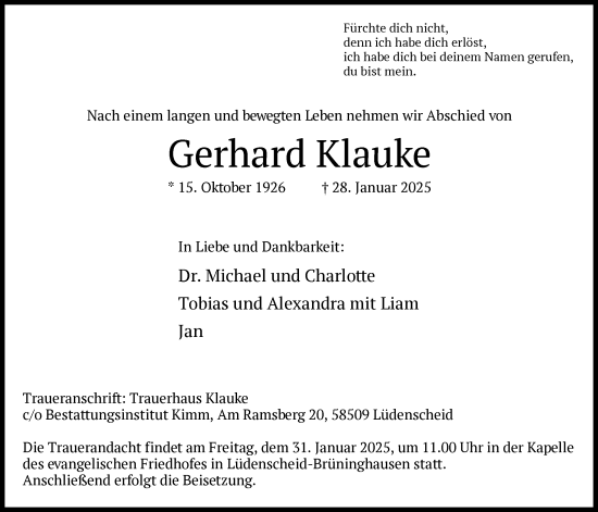 Todesanzeige von Gerhard Klauke von WA