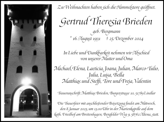 Todesanzeige von Gertrud Theresia Brieden von WA