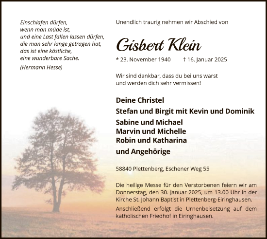 Todesanzeige von Gisbert Klein von WA