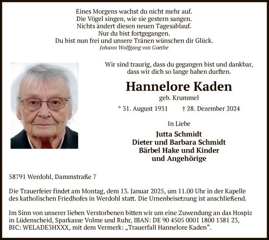 Todesanzeige von Hannelore Kaden von WA