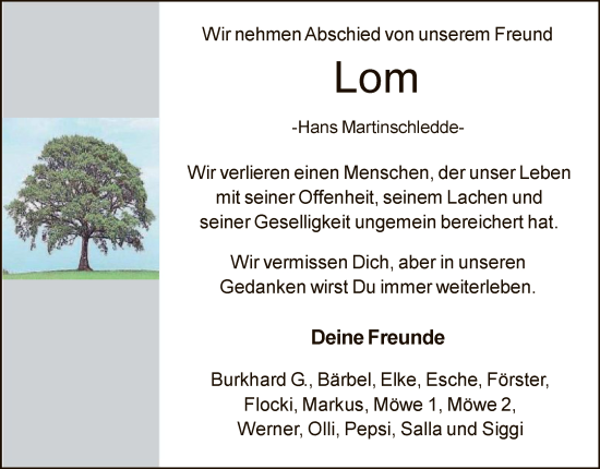Todesanzeige von Hans Martinschledde von WA