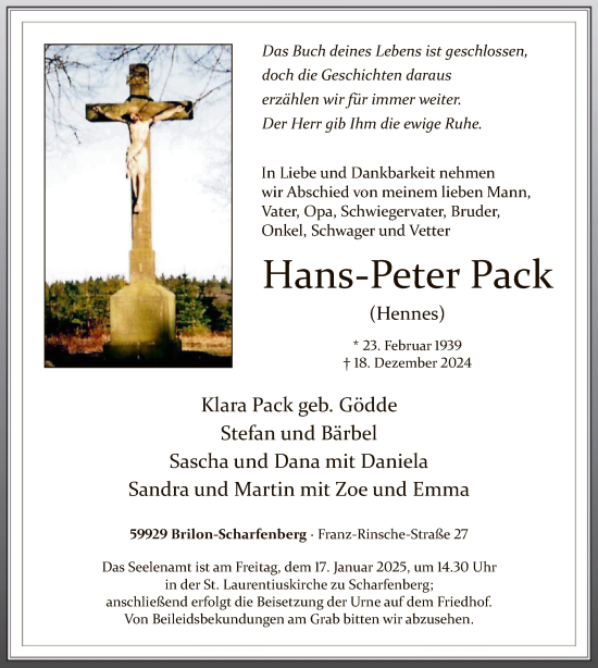 Todesanzeige von Hans-Peter Pack von WA