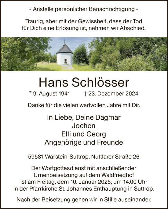 Todesanzeige von Hans Schlösser von WA