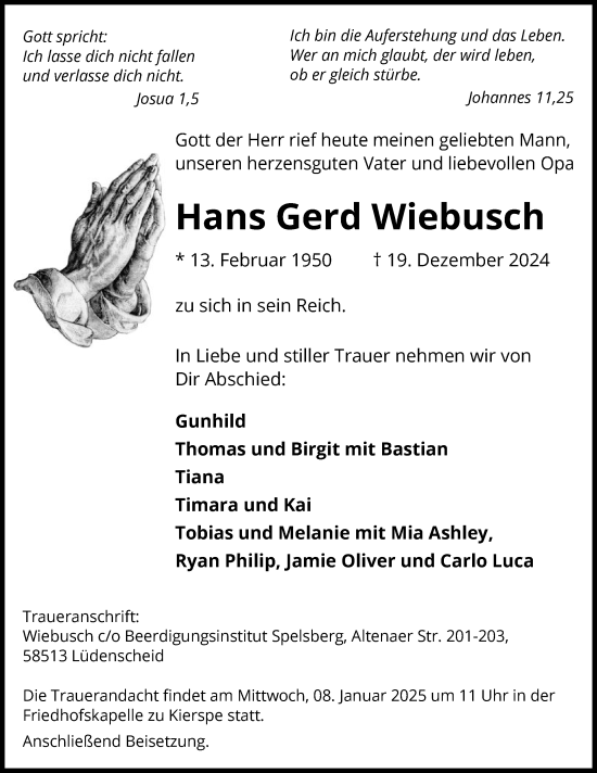 Todesanzeige von Hans Gerd Wiebusch von WA