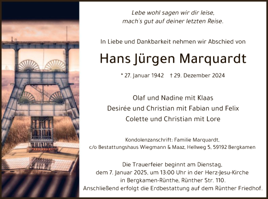 Todesanzeige von Hans Jürgen Marquardt von WA