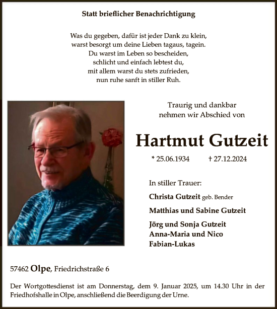 Todesanzeige von Hartmut Gutzeit von WA