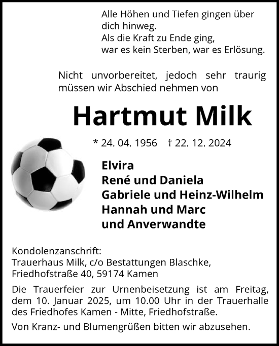 Todesanzeige von Hartmut Milk von WA