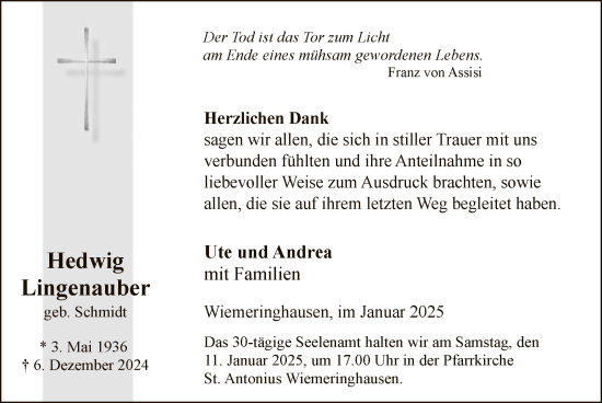 Todesanzeige von Hedwig Lingenauber von WA