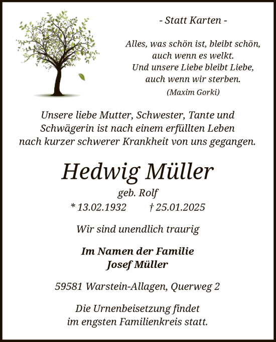 Todesanzeige von Hedwig Müller von WA