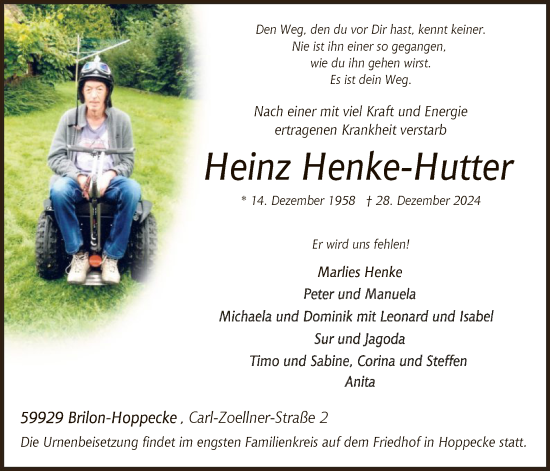 Todesanzeige von Heinz Henke-Hutter von WA