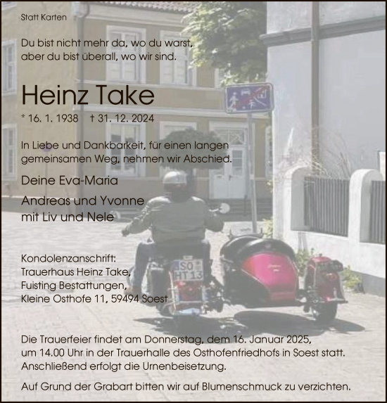 Todesanzeige von Heinz Take von WA