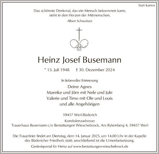 Todesanzeige von Heinz Josef Busemann von WA