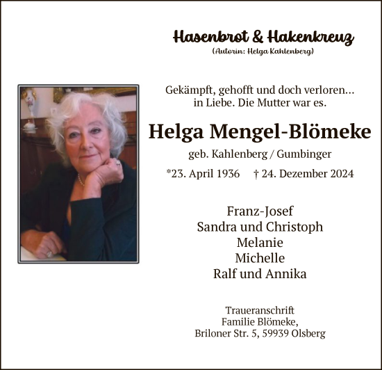 Todesanzeige von Helga Mengel-Blömeke von WA