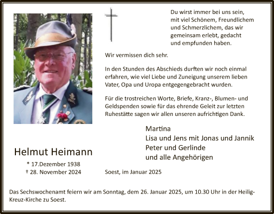Todesanzeige von Helmut Heimann von WA