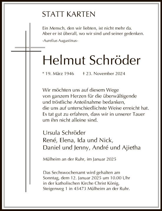 Todesanzeige von Helmut Schröder von WA