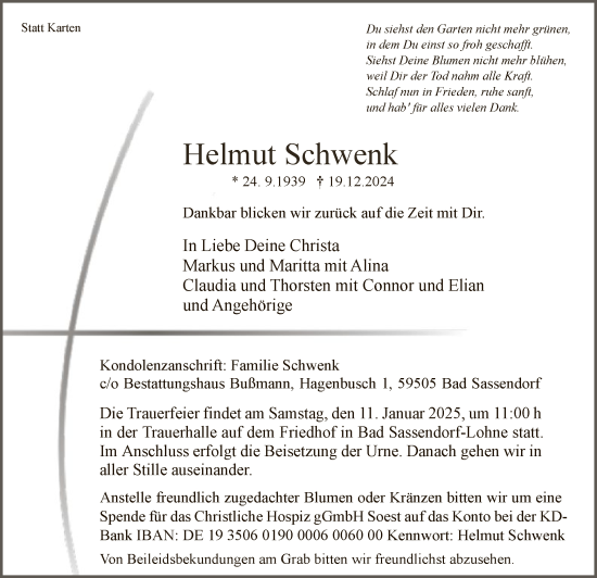 Todesanzeige von Helmut Schwenk von WA