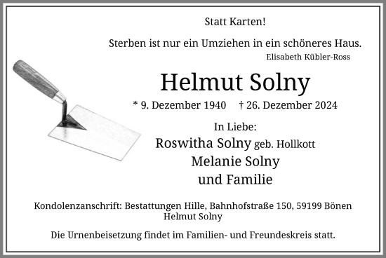 Todesanzeige von Helmut Solny von WA