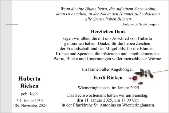 Todesanzeige von Huberta Ricken von WA