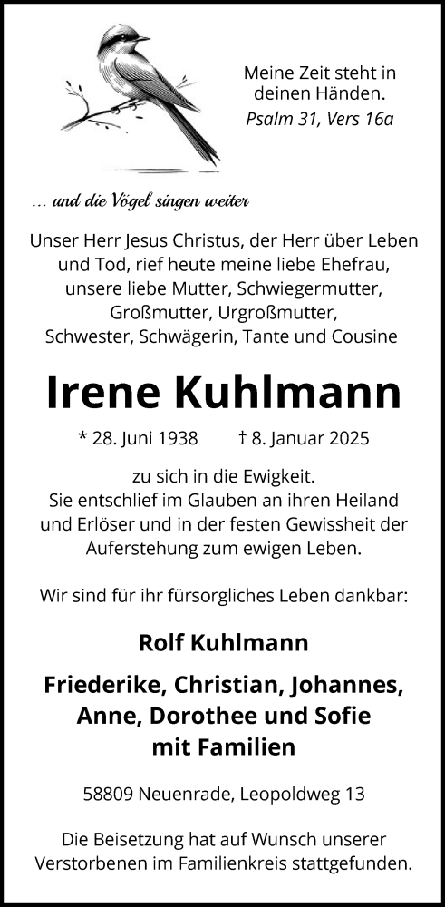 Todesanzeige von Irene Kuhlmann von WA