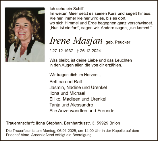 Todesanzeige von Irene Masjan von WA