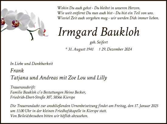Todesanzeige von Irmgard Baukloh von WA