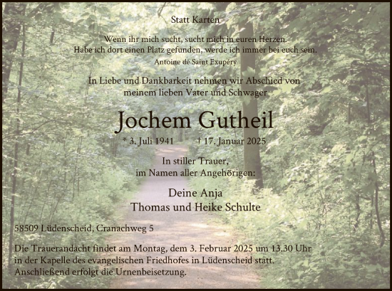 Todesanzeige von Jochem Gutheil von WA