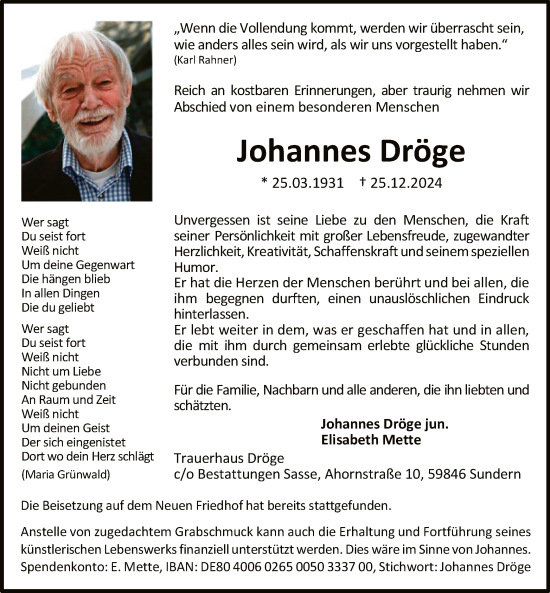 Todesanzeige von Johannes Dröge von WA