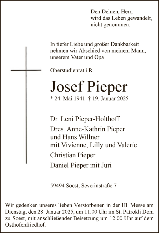 Todesanzeige von Josef Pieper von WA