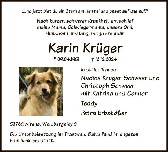 Todesanzeige von Karin Krüger von WA