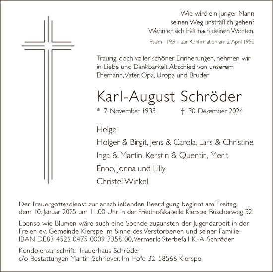 Todesanzeige von Karl-August Schröder von WA