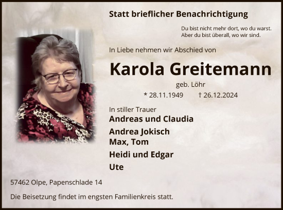 Todesanzeige von Karola Greitemann von WA
