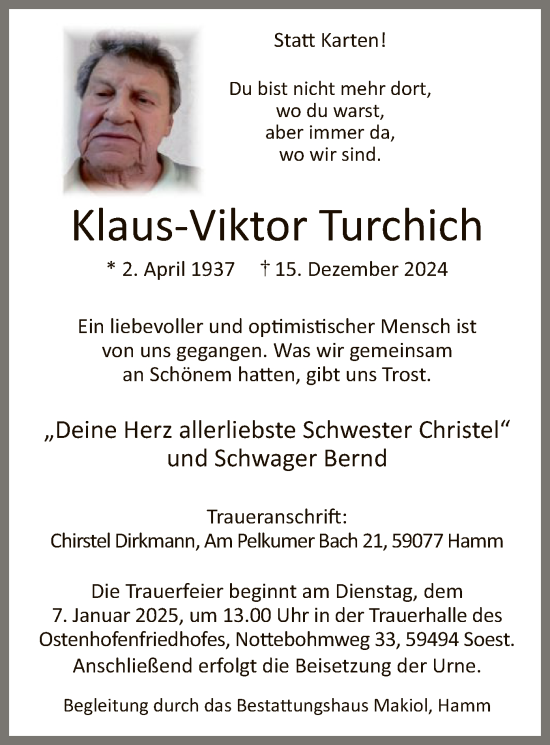 Todesanzeige von Klaus-Viktor Turchich von WA