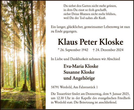 Todesanzeige von Klaus Peter Kloske von WA