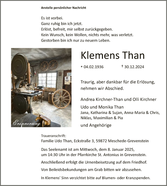 Todesanzeige von Klemens Than von WA