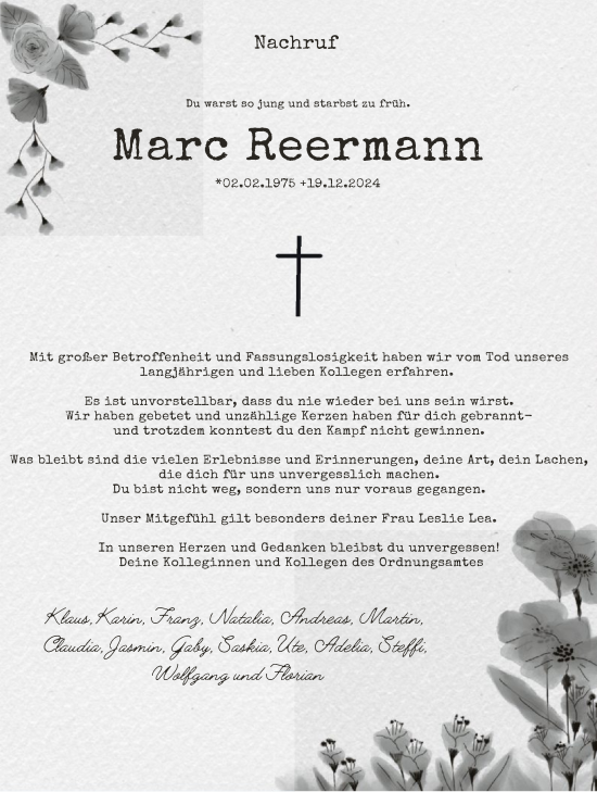Todesanzeige von Marc Reermann von WA