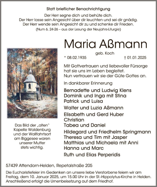 Todesanzeige von Maria Aßmann von WA