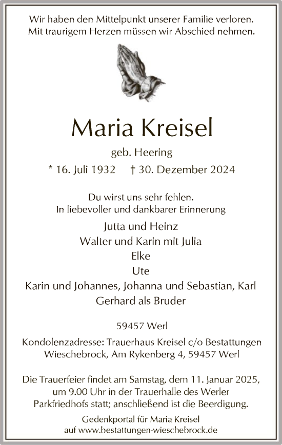 Todesanzeige von Maria Kreisel von WA