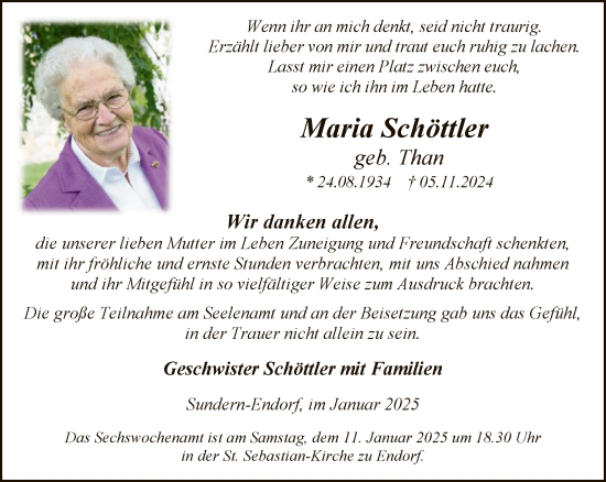 Todesanzeige von Maria Schöttler von WA