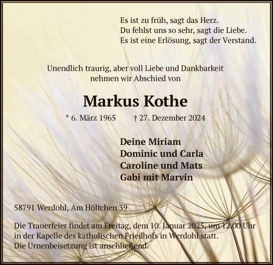 Todesanzeige von Markus Kothe von WA