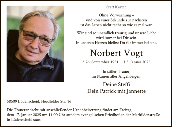 Todesanzeige von Norbert Vogt von WA