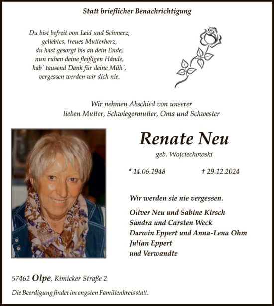 Todesanzeige von Renate Neu von WA